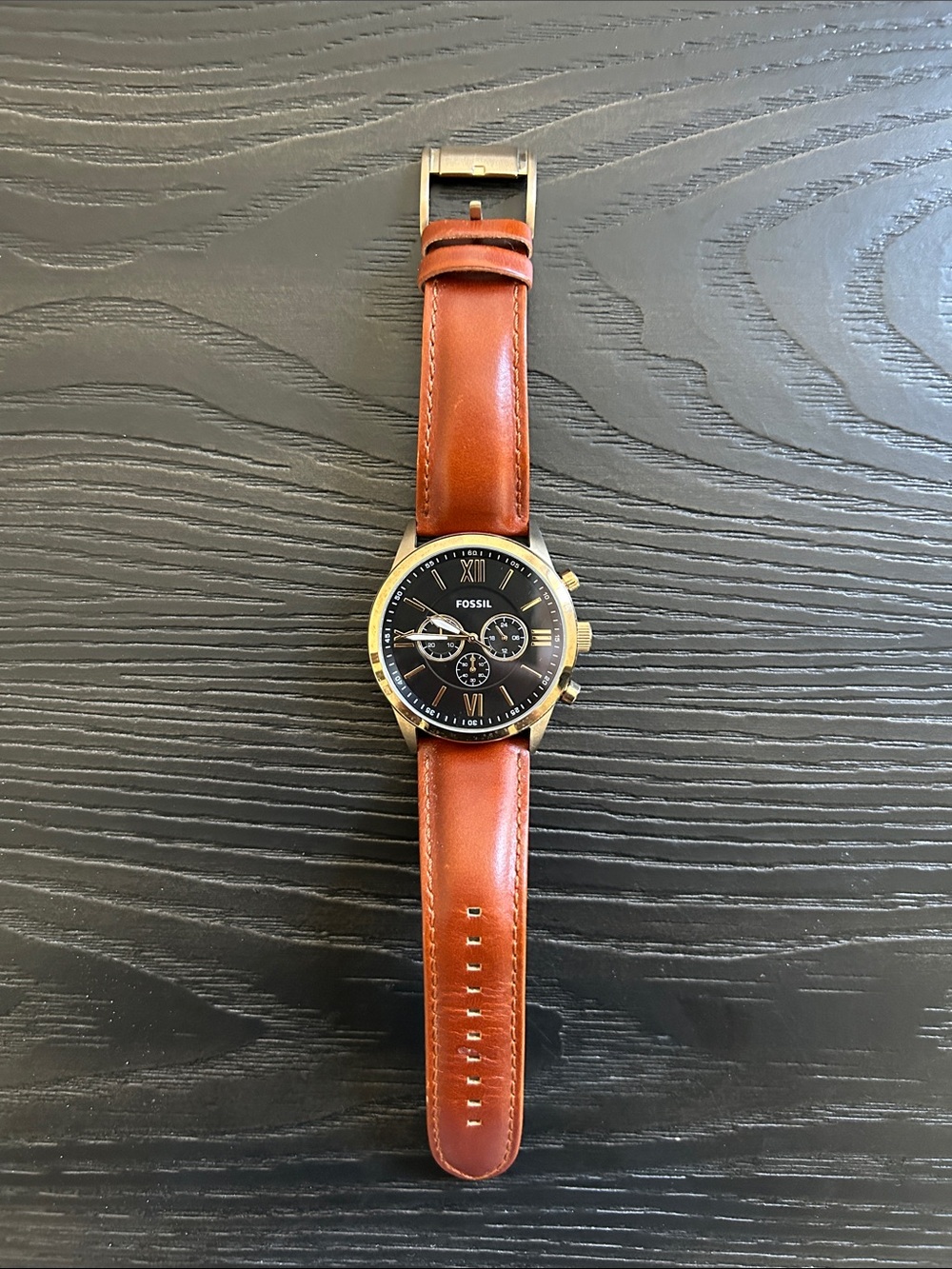 Fossil Brown Leather Strap Watch with Black Dial and Gold-Tone Case